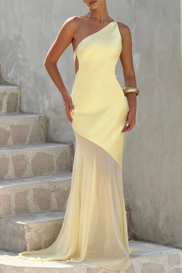 LEMON YELLOW LACE-UP BACK SATIN MAXI DRESS