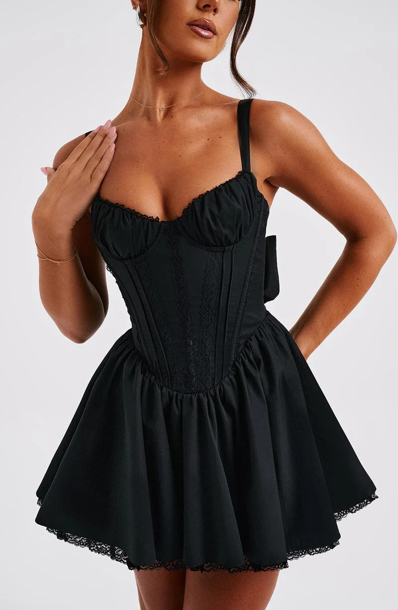 BLACK LACE RUFFLE CORSET MINI DRESS