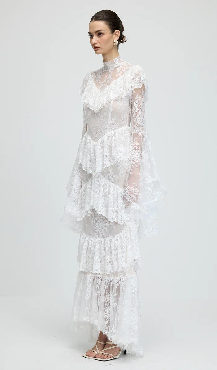 SYLVIA SHEER LACE TRUMPET SLEEVE MAXI DRESS, WHITE