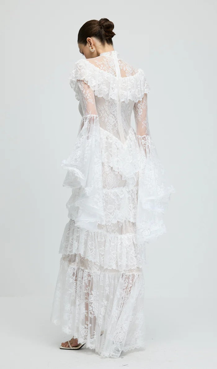 SYLVIA SHEER LACE TRUMPET SLEEVE MAXI DRESS, WHITE