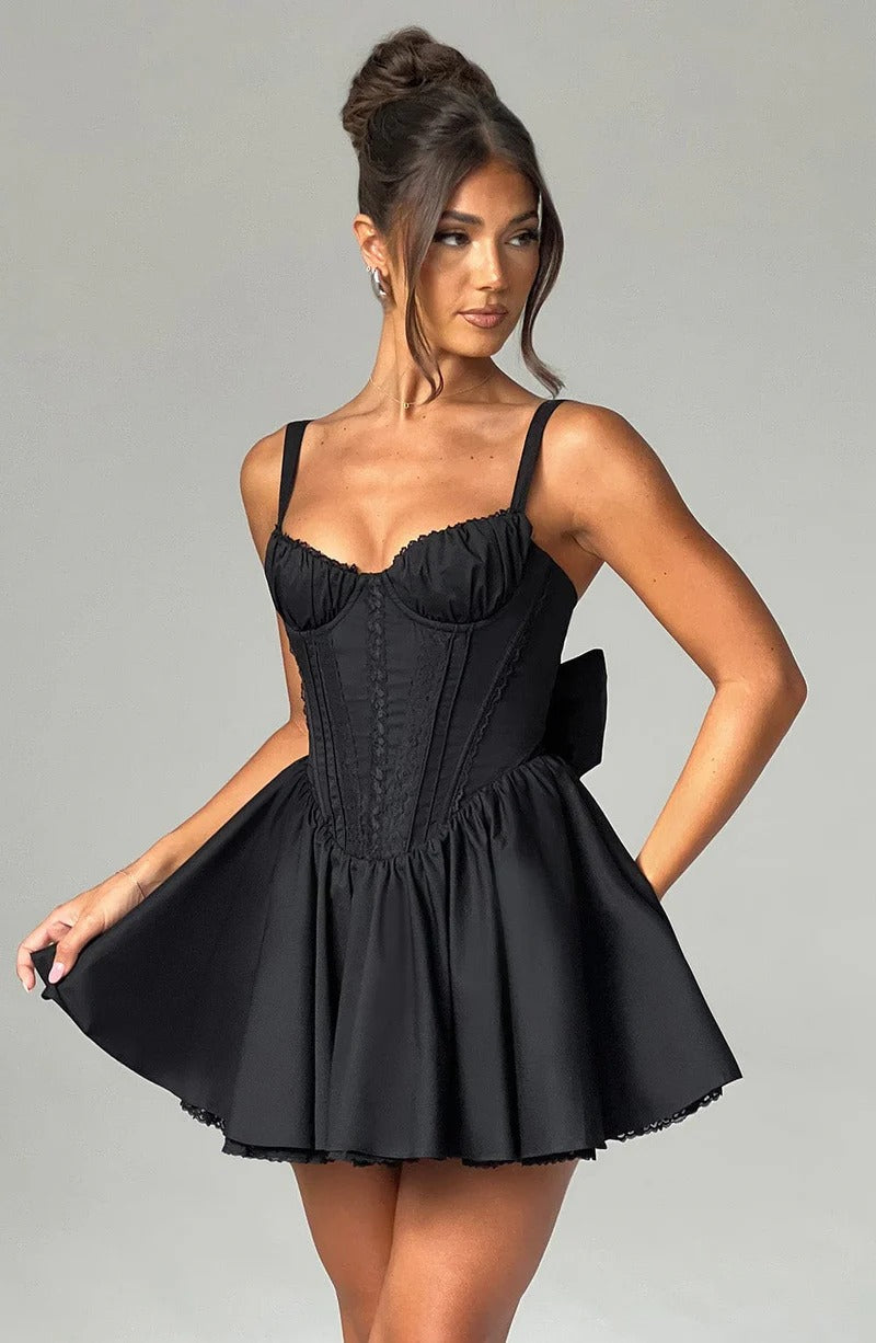 BLACK LACE RUFFLE CORSET MINI DRESS