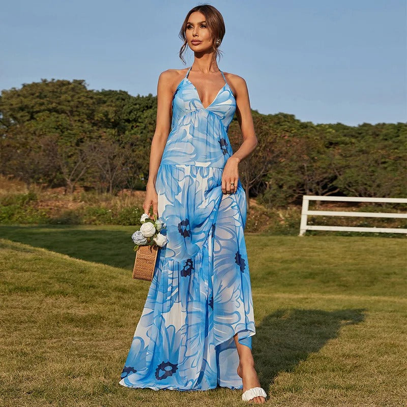 BLUE FLORAL HALTER TIERED MAXI DRESS