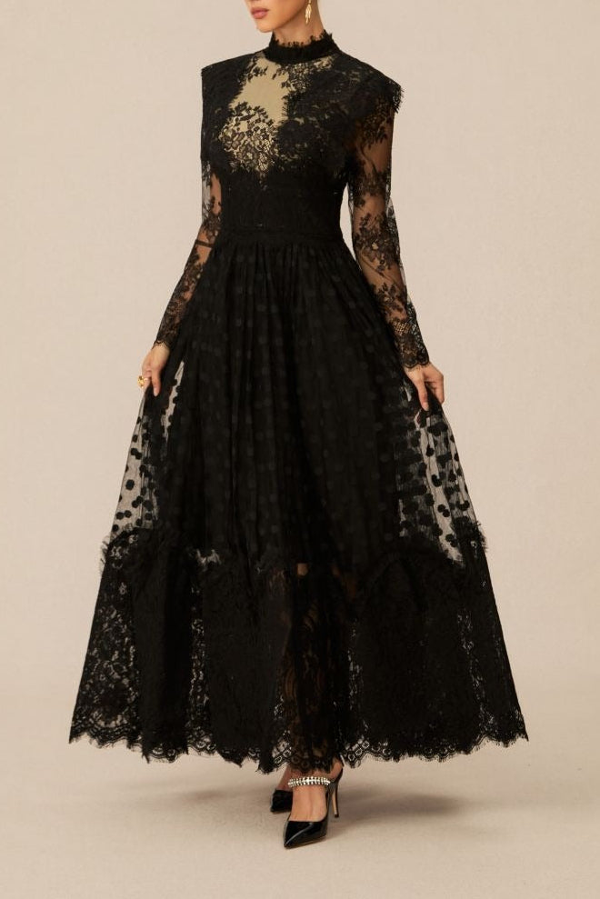 ELEGANT BLACK POLKA DOT LACE MAXI DRESS