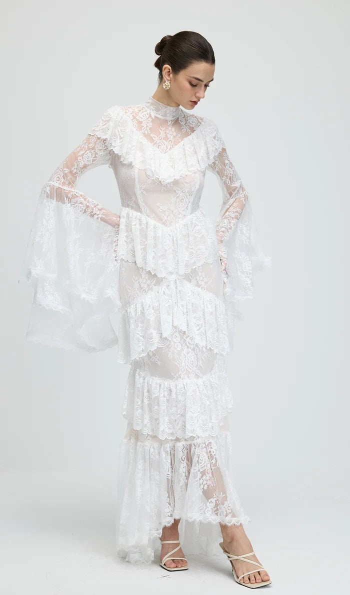 SYLVIA SHEER LACE TRUMPET SLEEVE MAXI DRESS, WHITE