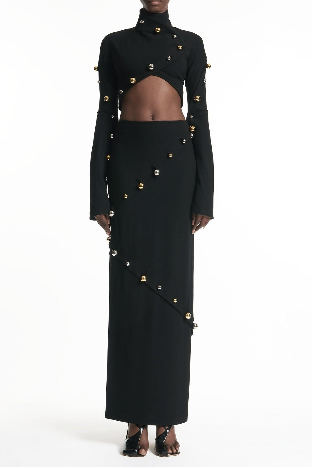 BUTTON-EMBELLISHED COTTON-JERSEY MAXI SKIRT SUIT