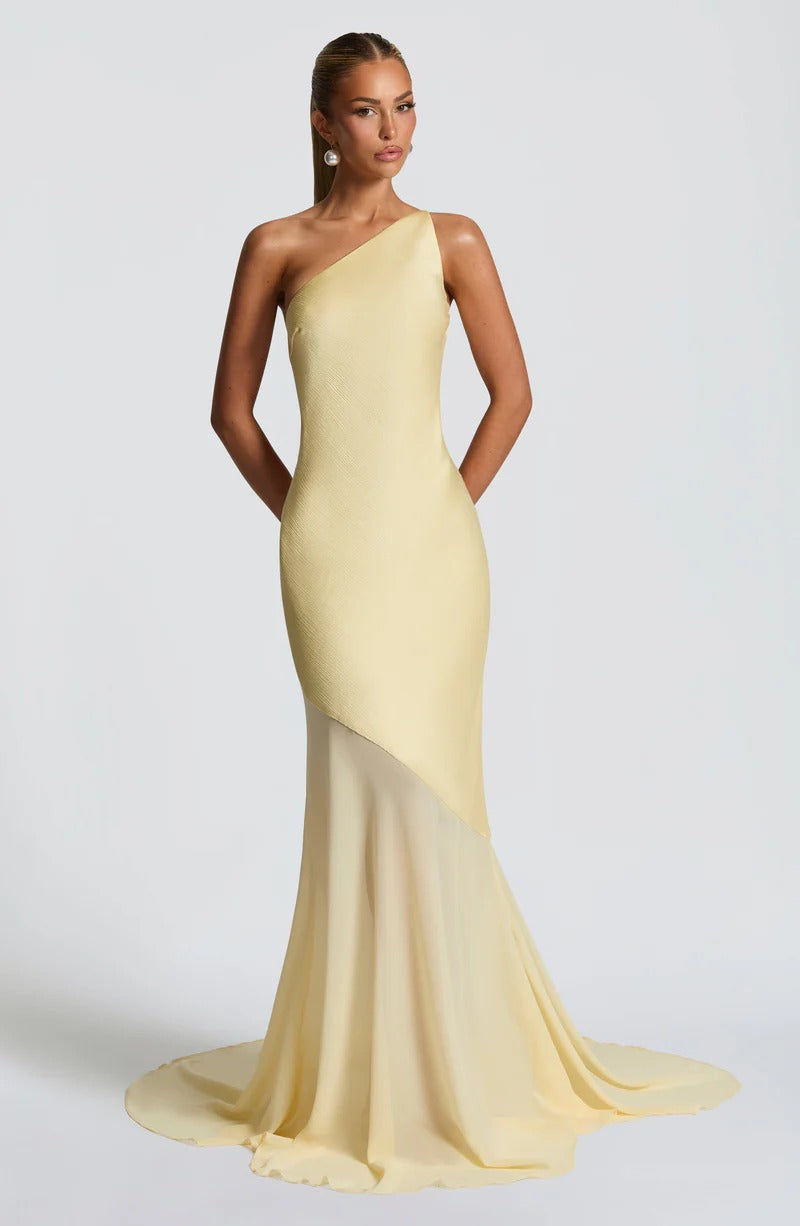 LEMON YELLOW LACE-UP BACK SATIN MAXI DRESS
