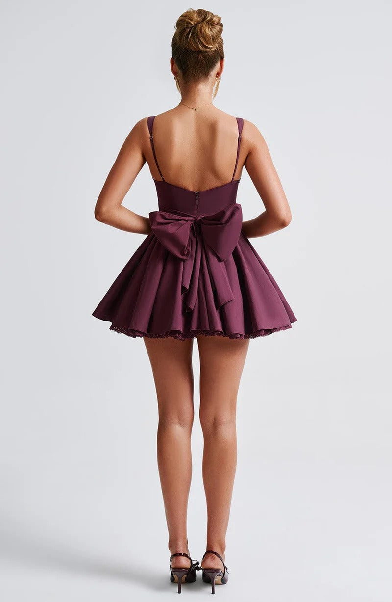 LACE RUFFLE CORSET MINI DRESS IN PURPLE