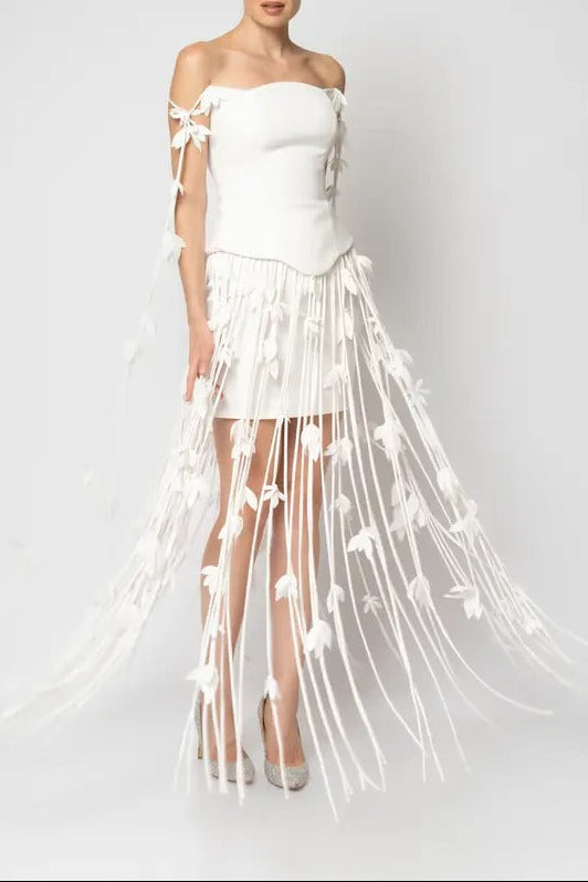 HILARY WHITE FLORAL TASSEL STRAPLESS MINI DRESS