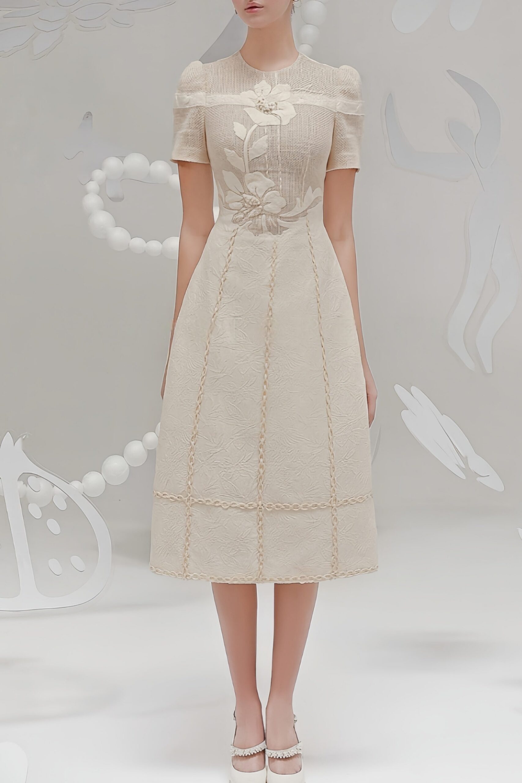 HERMOSA 3D FLORAL EMBROIDERED MIDI DRESS APRICOT