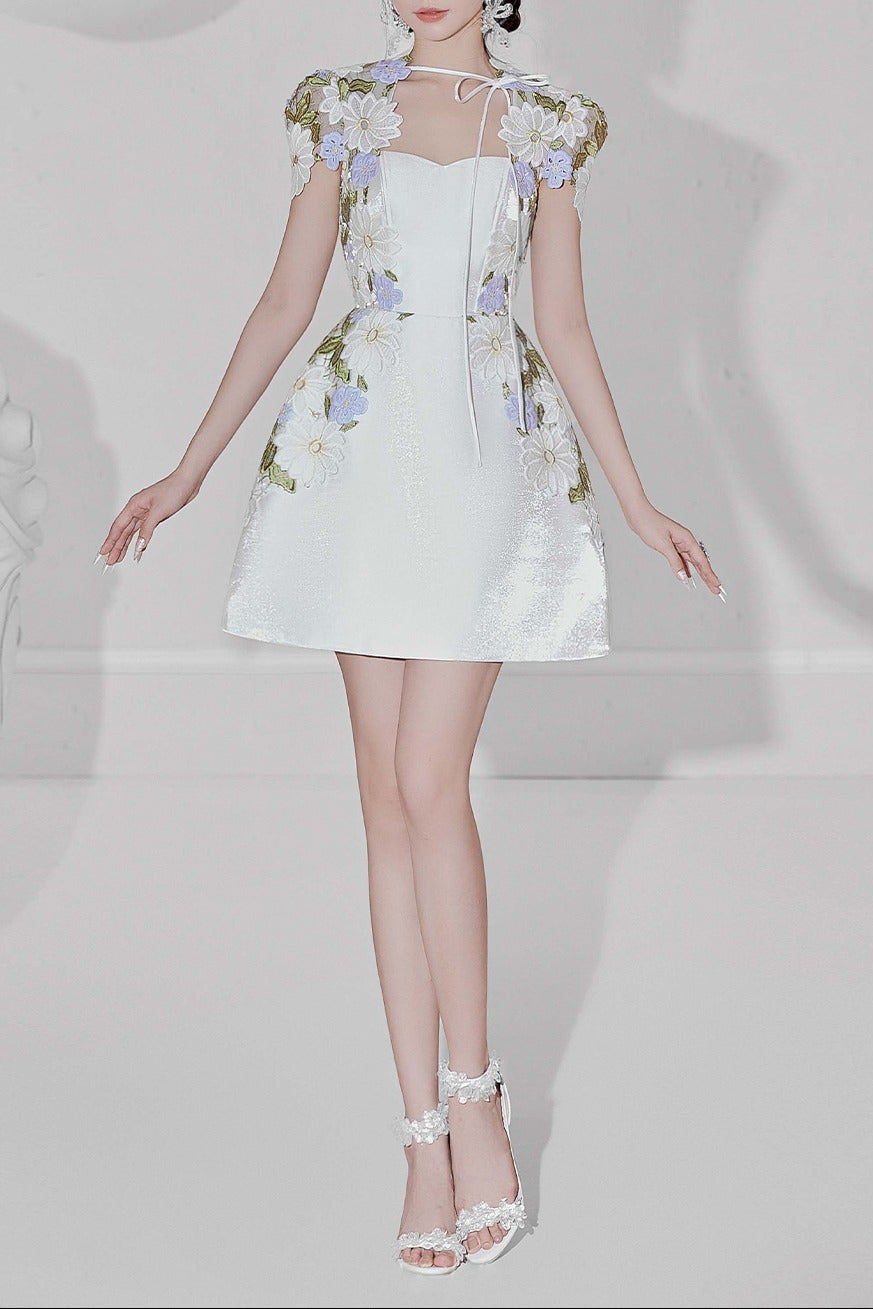 WHITE FLORAL EMBROIDERED MINI DRESS SHEER BOLERO SET