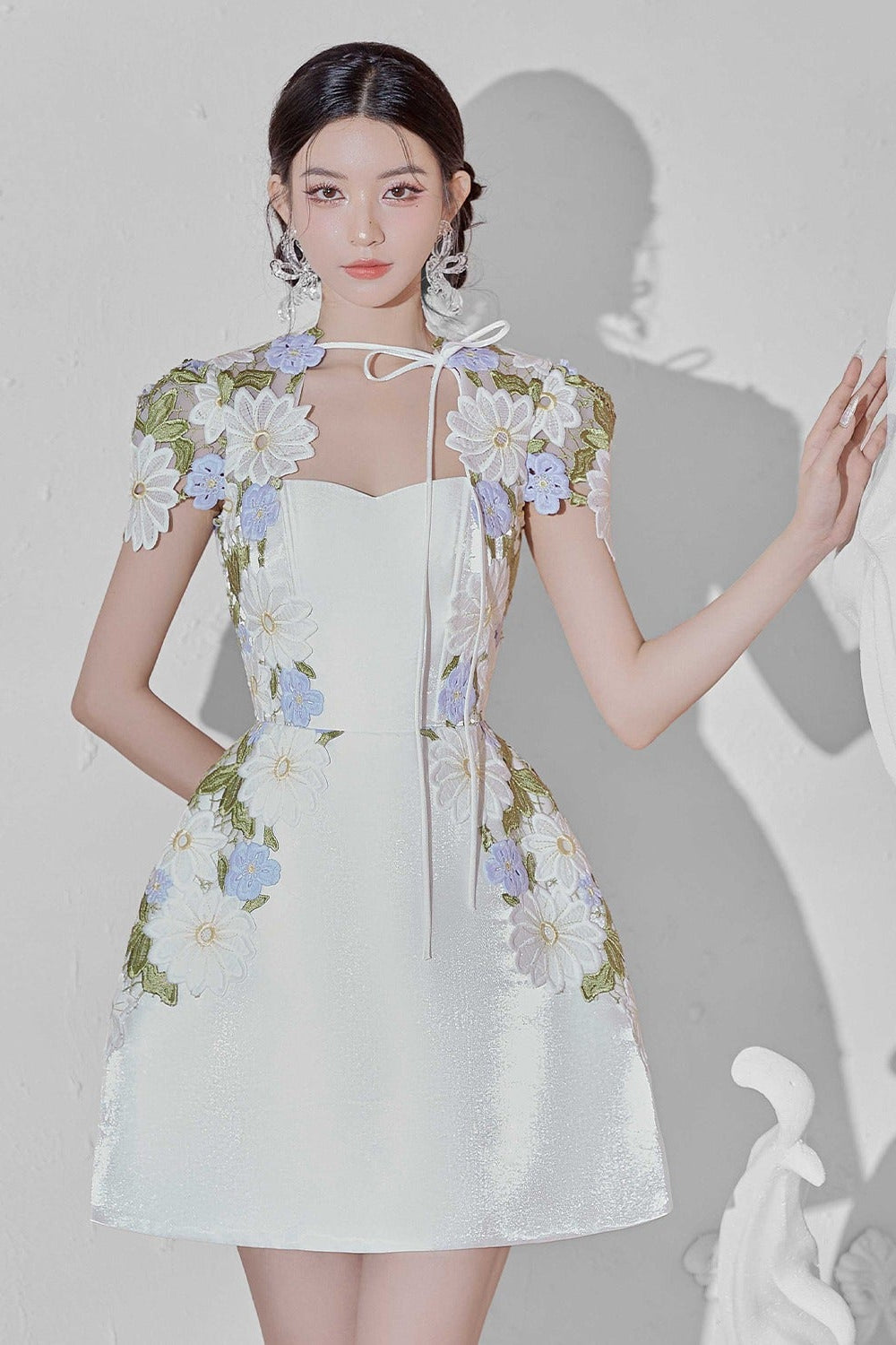 WHITE FLORAL EMBROIDERED MINI DRESS SHEER BOLERO SET
