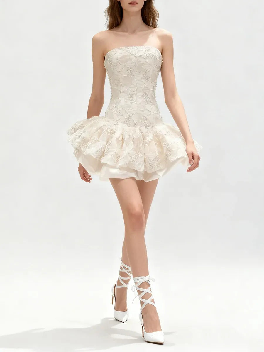 KATHERINE EMBROIDERED LACE RUFFLE MINI DRESS, PINK