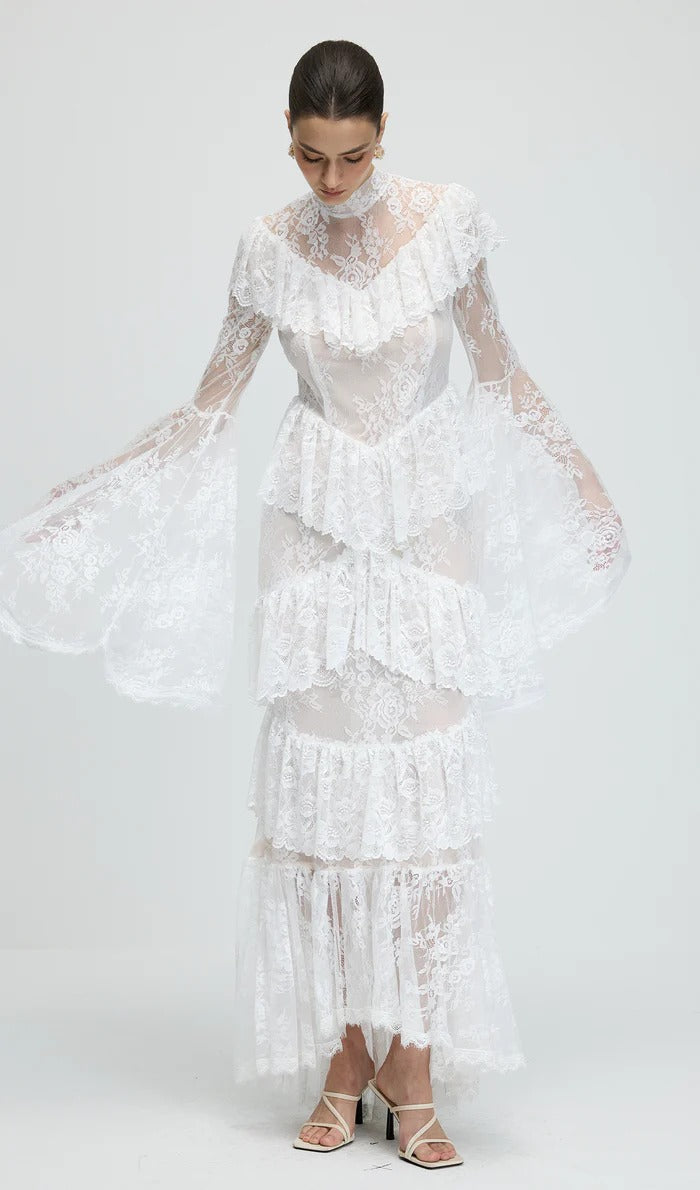 SYLVIA SHEER LACE TRUMPET SLEEVE MAXI DRESS, WHITE