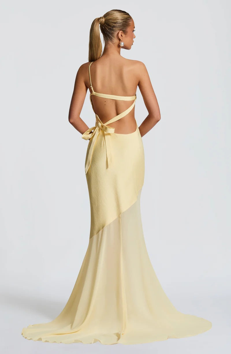LEMON YELLOW LACE-UP BACK SATIN MAXI DRESS