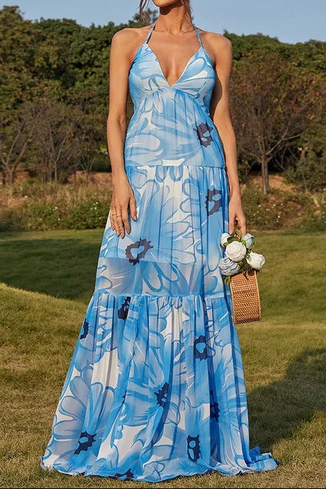 BLUE FLORAL HALTER TIERED MAXI DRESS