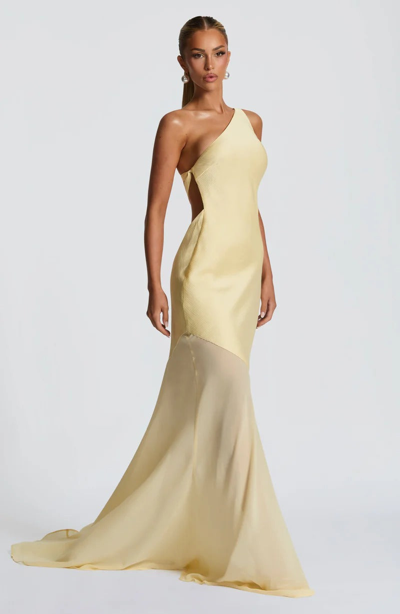 LEMON YELLOW LACE-UP BACK SATIN MAXI DRESS