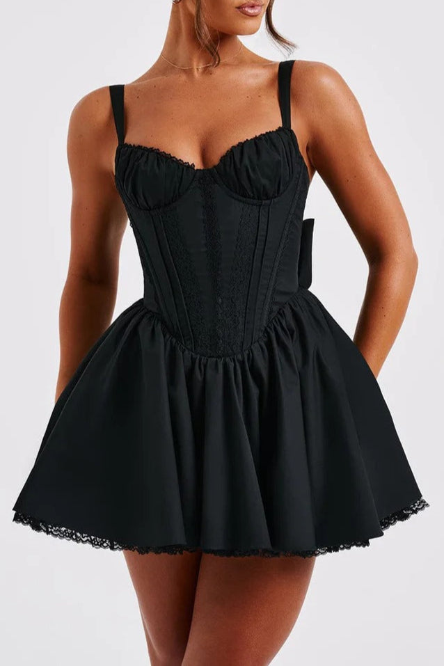 BLACK LACE RUFFLE CORSET MINI DRESS