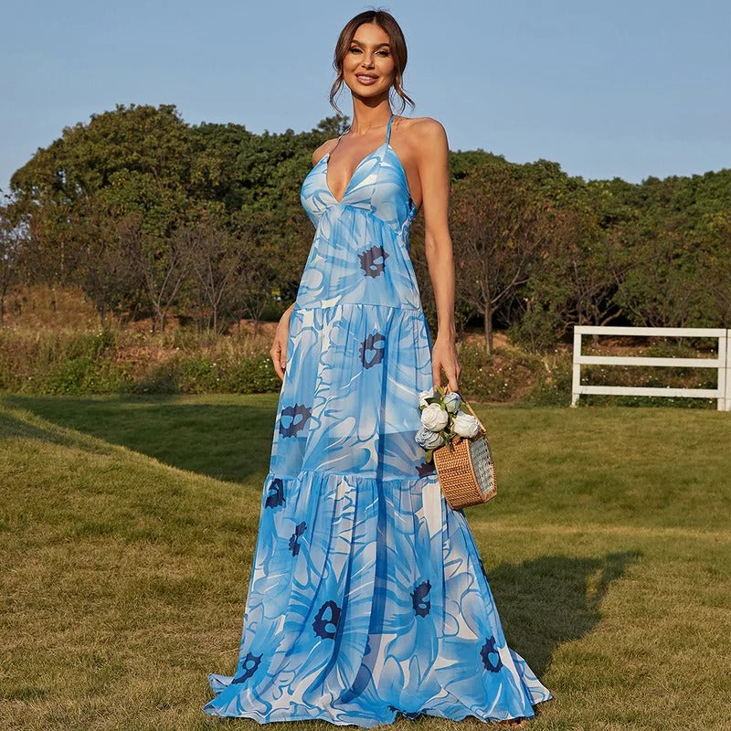 BLUE FLORAL HALTER TIERED MAXI DRESS