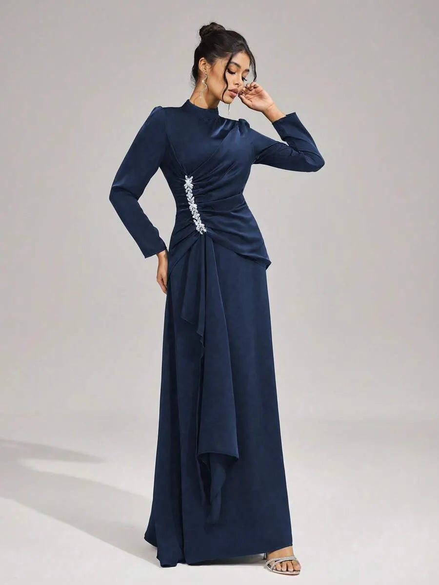 BEULAH BEADED PLEATED MAXI DRESS IN BLUE