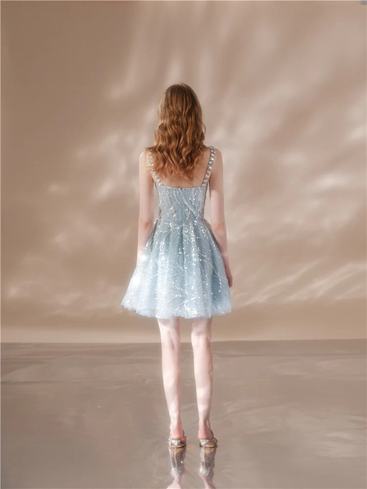 RHINESTONE STRAP HEM BLUE COCKTAIL DRESS