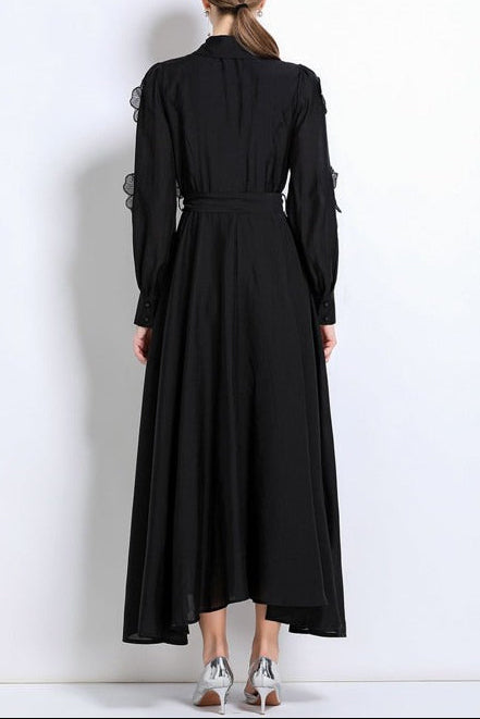 SUSANNA FLORAL APPLIQUE SHIRT MIDI DRESS BLACK