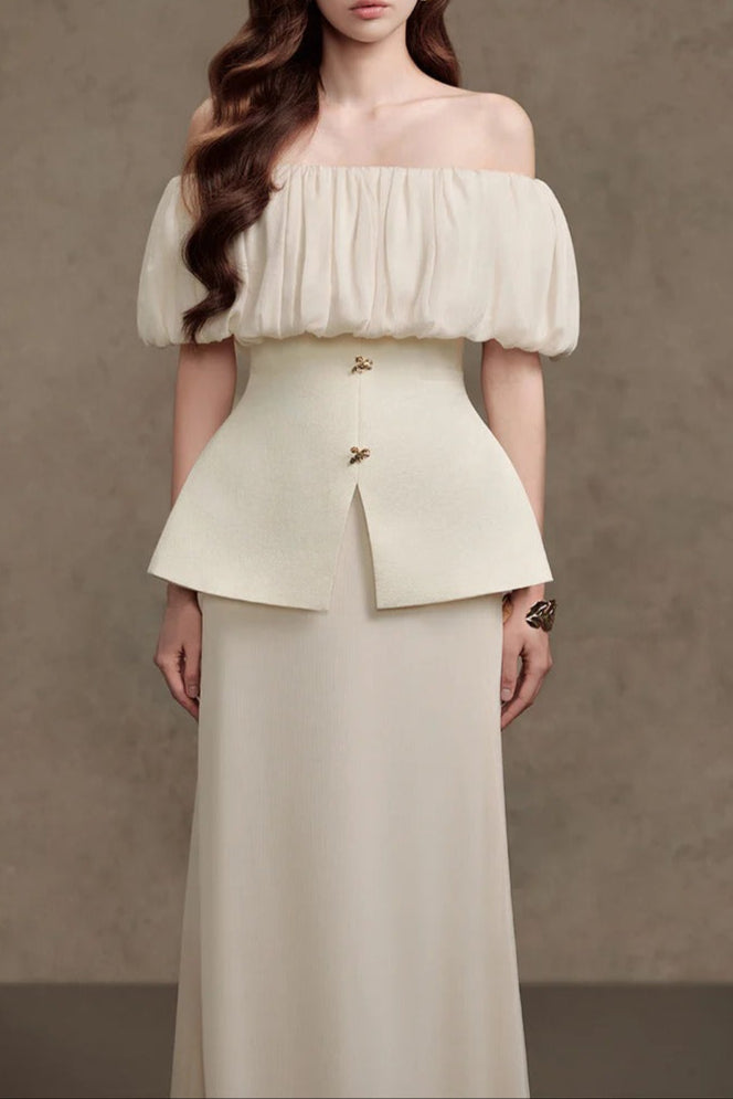 KAREN STRAIGHT FOAM SILK STRAPLESS WHITE MAXI DRESS