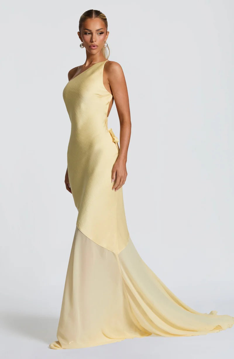 LEMON YELLOW LACE-UP BACK SATIN MAXI DRESS