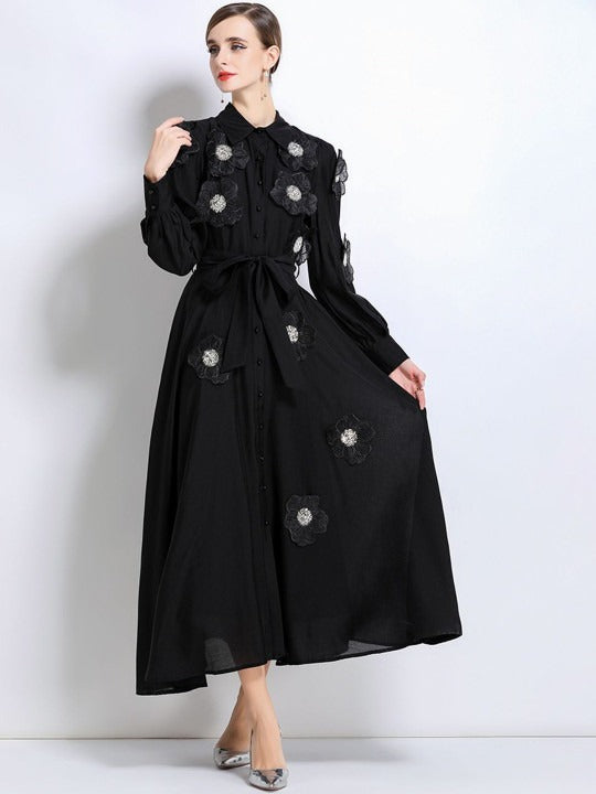 SUSANNA FLORAL APPLIQUE SHIRT MIDI DRESS BLACK