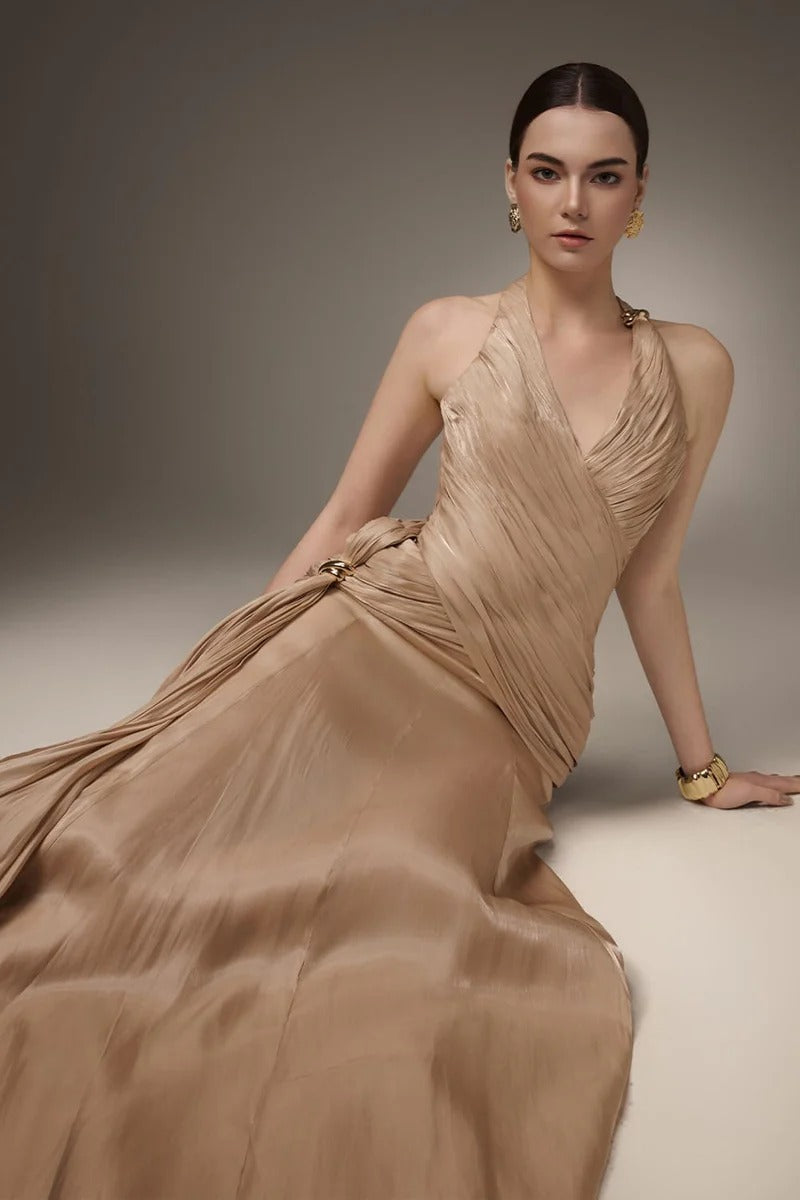 CHAMPAGNE SILK HALTER CORSET MAXI DRESS
