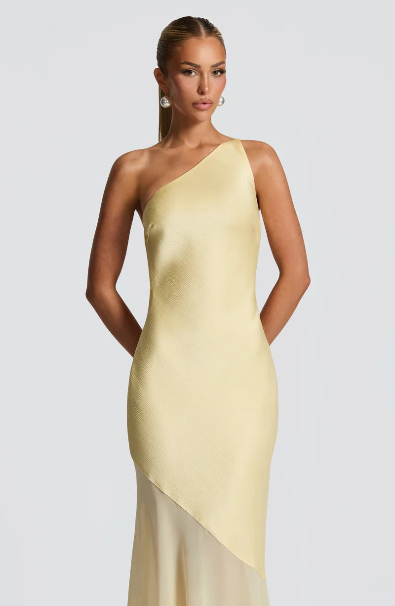 LEMON YELLOW LACE-UP BACK SATIN MAXI DRESS