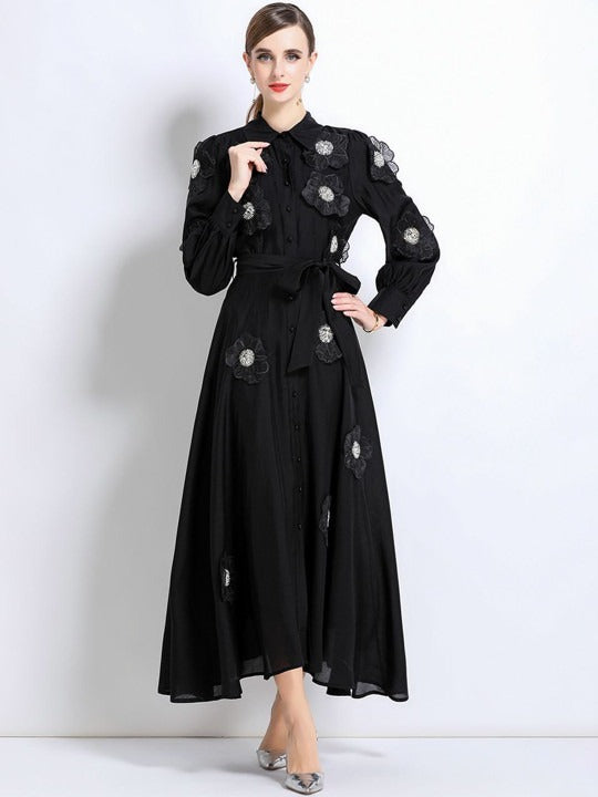SUSANNA FLORAL APPLIQUE SHIRT MIDI DRESS BLACK