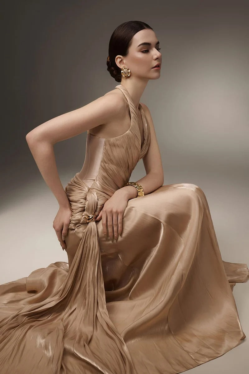 CHAMPAGNE SILK HALTER CORSET MAXI DRESS