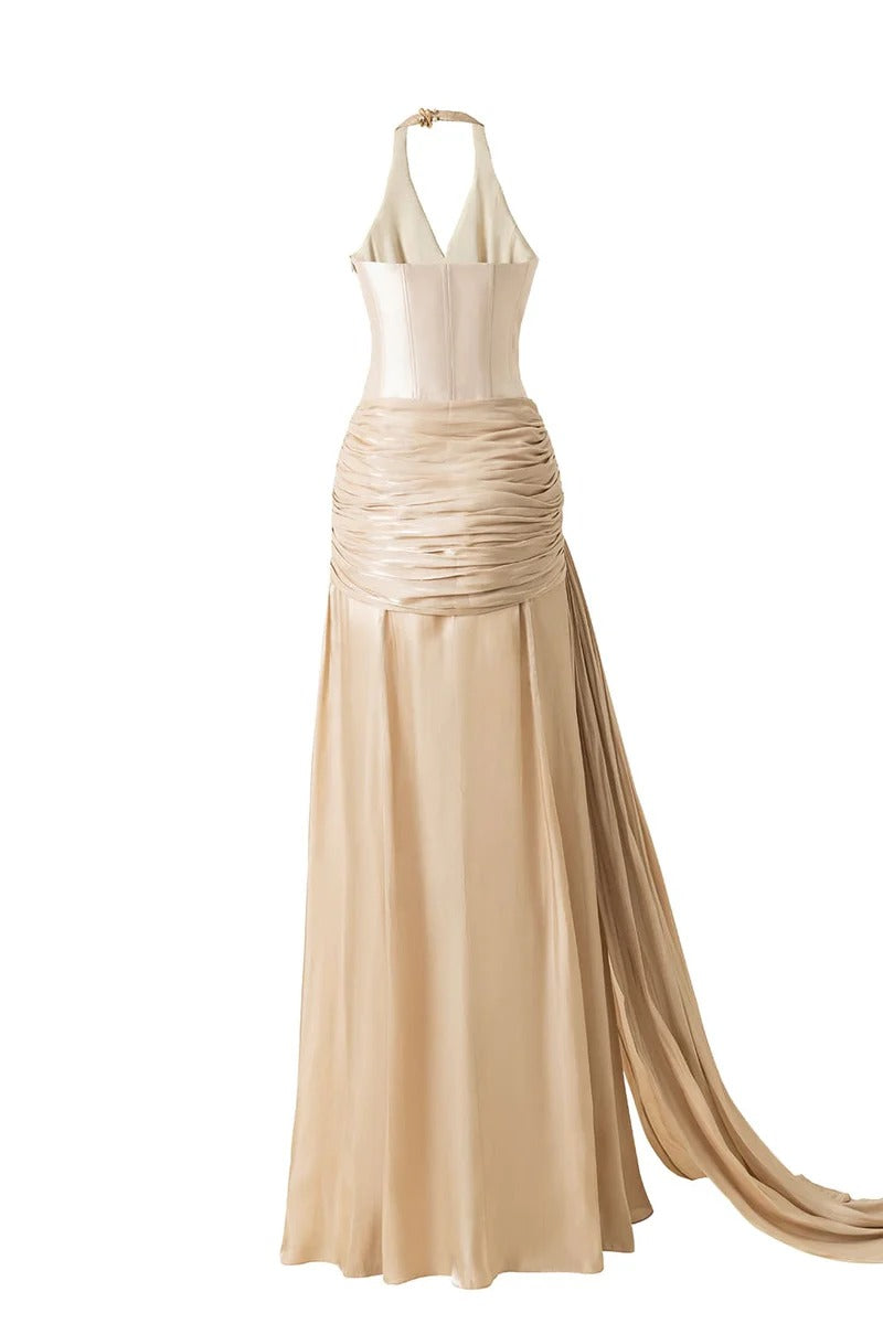 CHAMPAGNE SILK HALTER CORSET MAXI DRESS