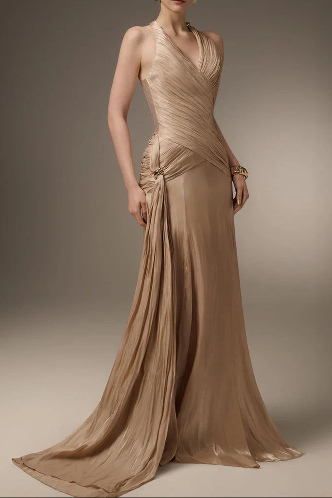 CHAMPAGNE SILK HALTER CORSET MAXI DRESS