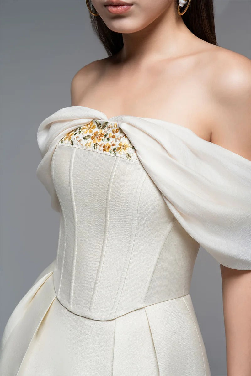 EMBROIDERED A-LINE OFF-SHOULDER BEIGE MINI DRESS