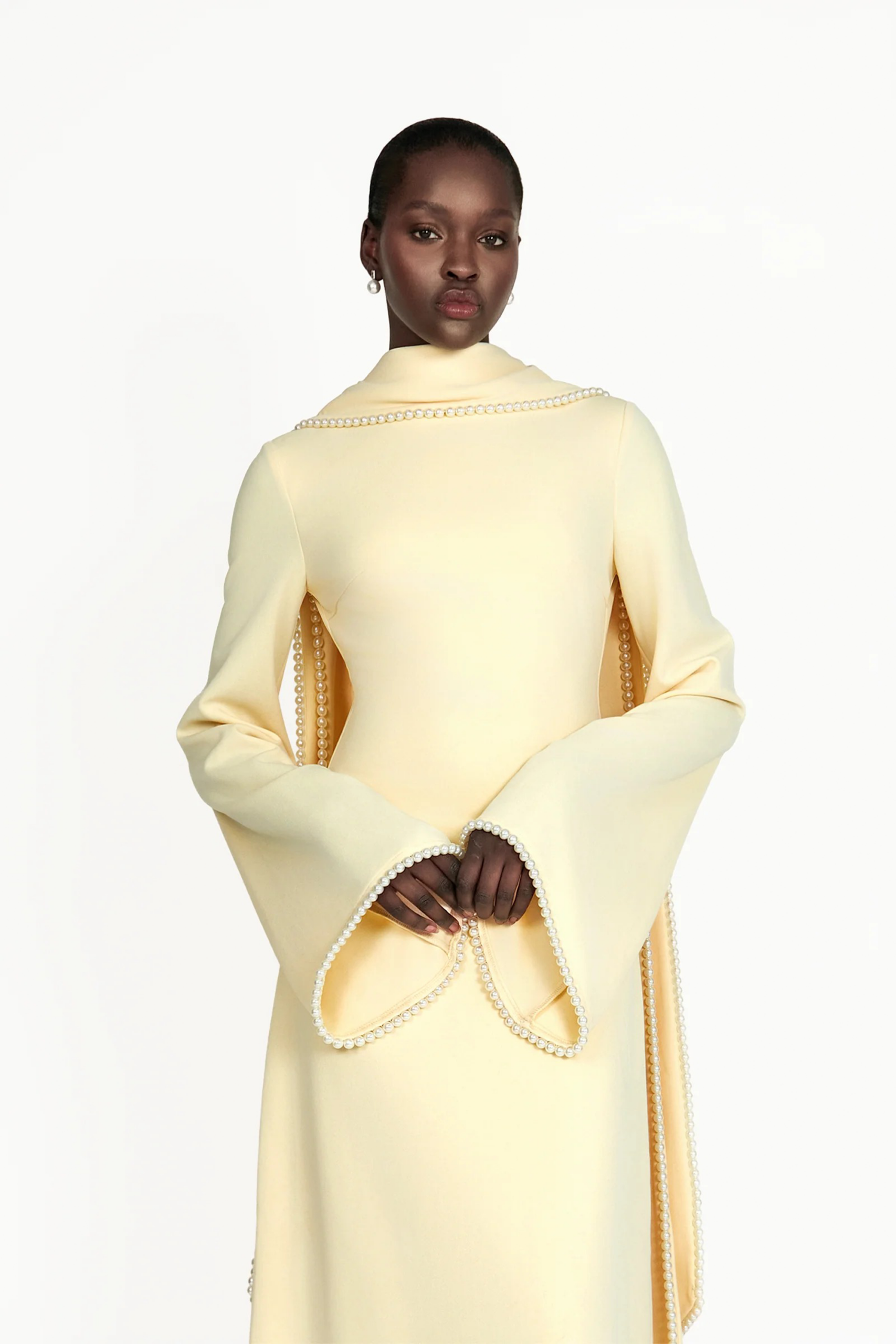 MURRAY YELLOW PEARL TRIM SHAWL MAXI DRESS