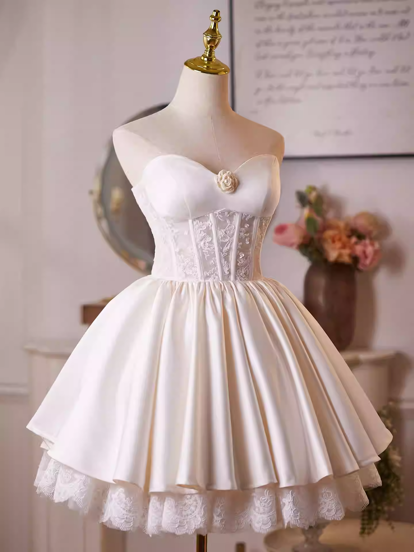 HELEN WHITE LACE SATIN STRAPLESS MINI DRESS