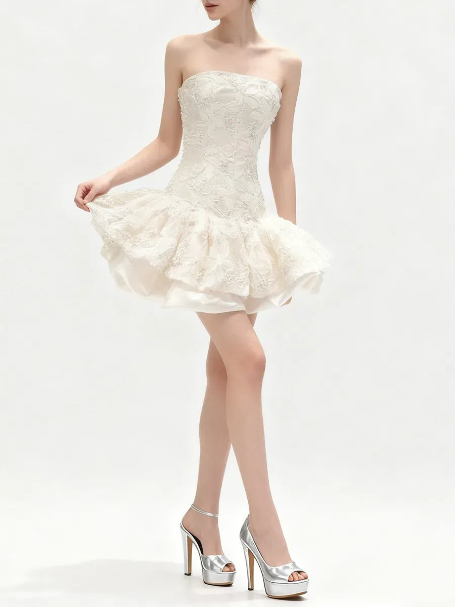 KATHERINE EMBROIDERED LACE RUFFLE MINI DRESS, PINK