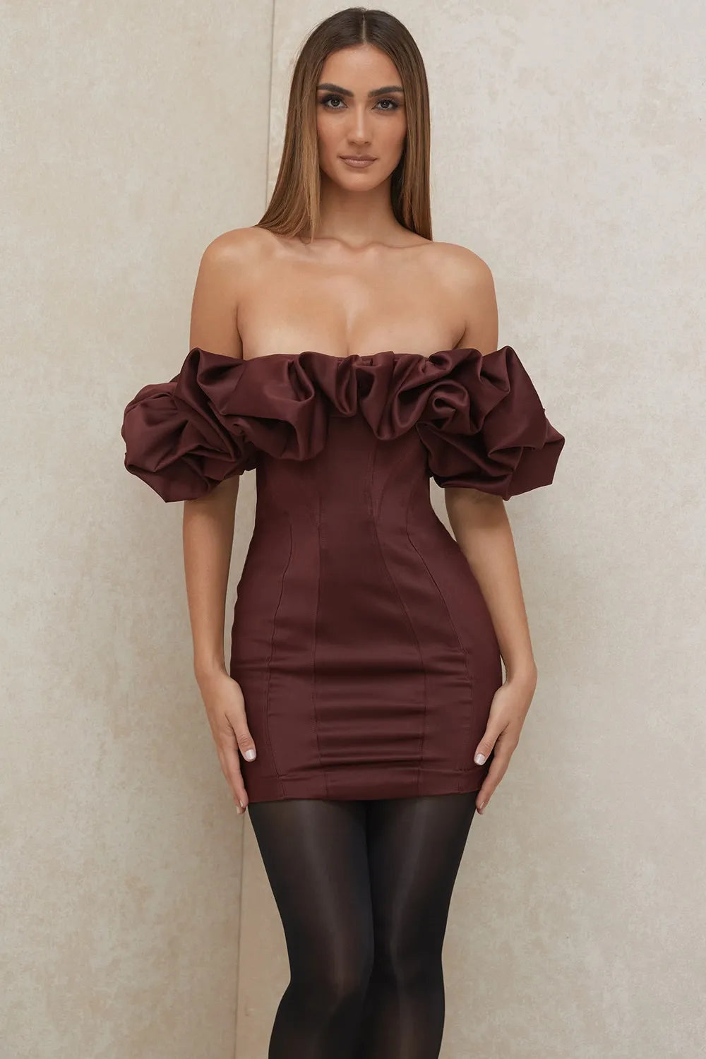 BURGUNDY SATIN RUFFLE STRAPLESS MINI DRESS