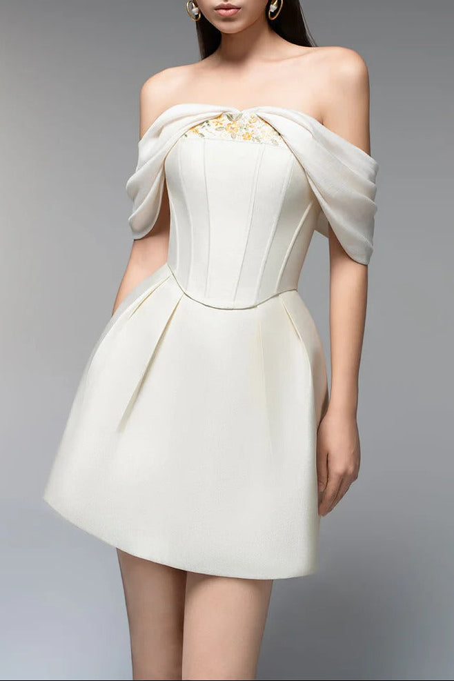 EMBROIDERED A-LINE OFF-SHOULDER BEIGE MINI DRESS