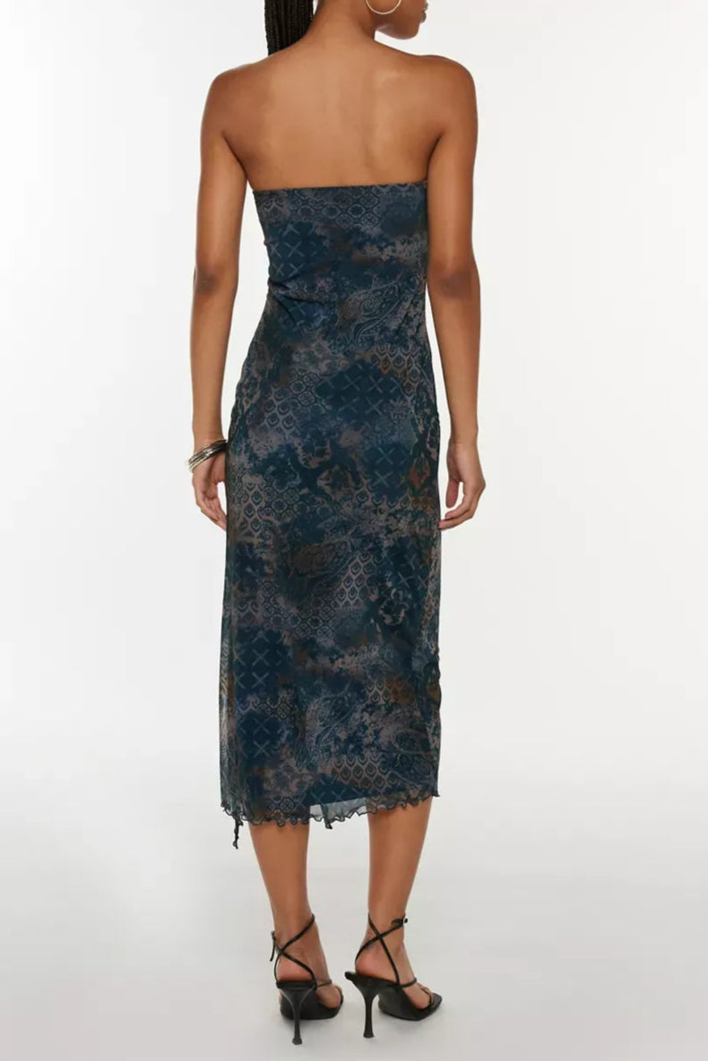 MESH STRAPLESS MIDI DRESS FOR PARTY