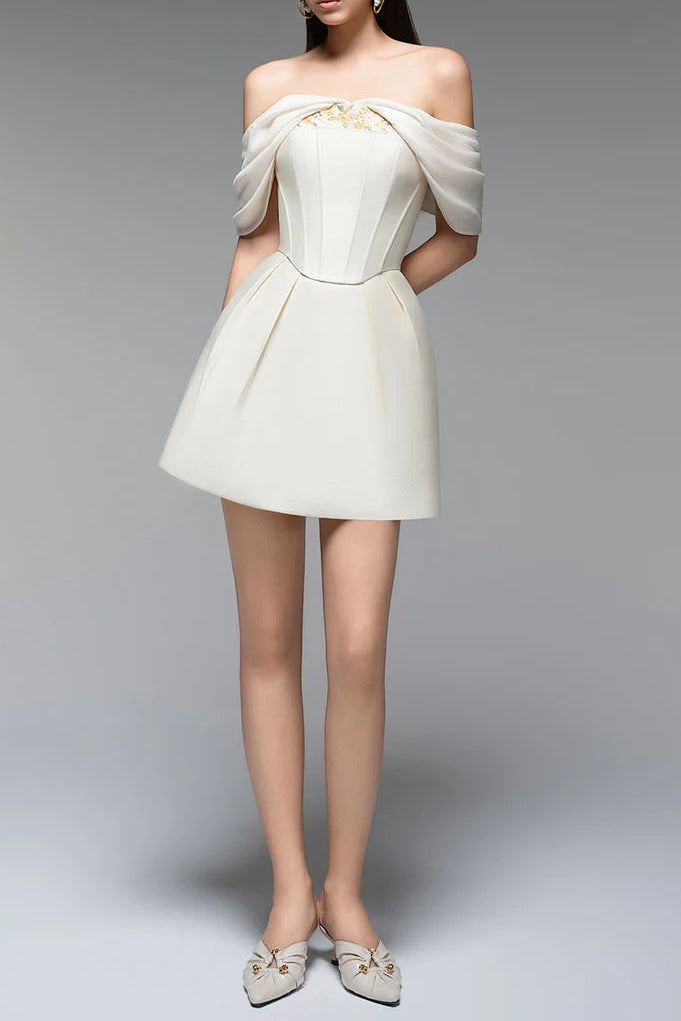EMBROIDERED A-LINE OFF-SHOULDER BEIGE MINI DRESS