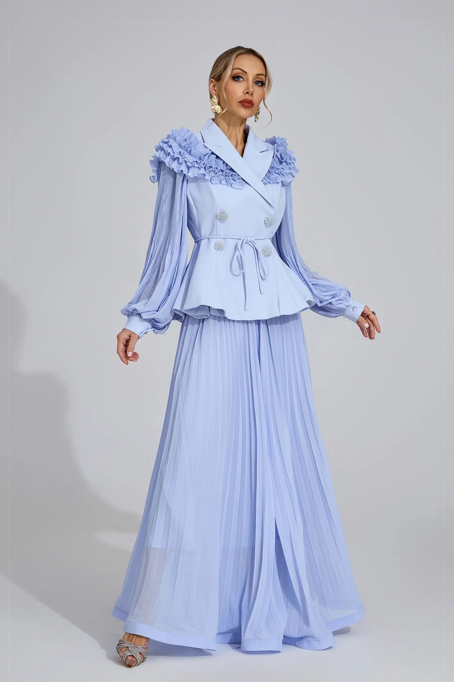 JOSEPHINE LIGHT BLUE FLOUNCE SKIRT BLAZER SET