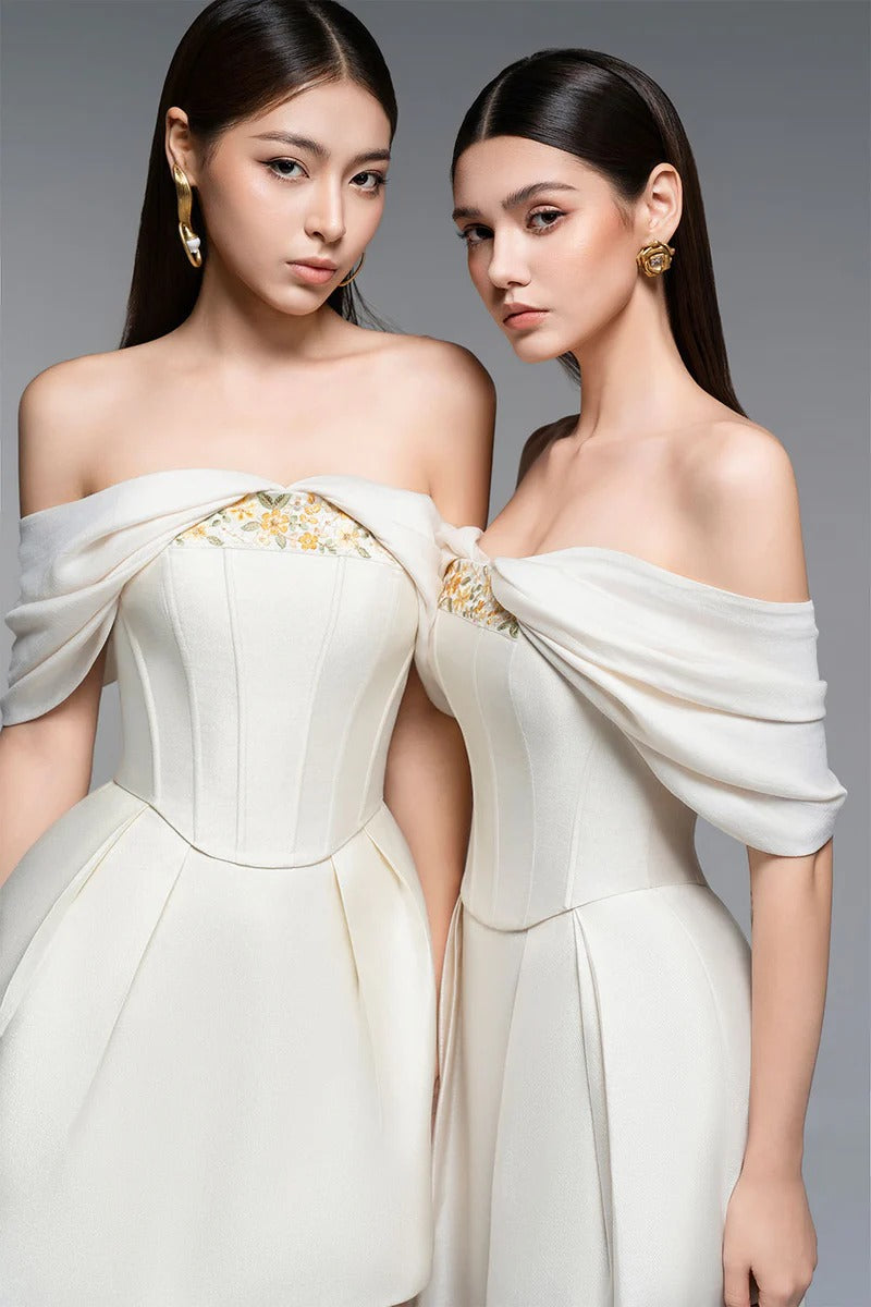 EMBROIDERED A-LINE OFF-SHOULDER BEIGE MINI DRESS