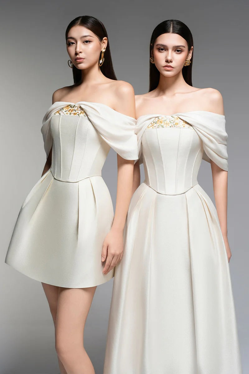 EMBROIDERED A-LINE OFF-SHOULDER BEIGE MINI DRESS
