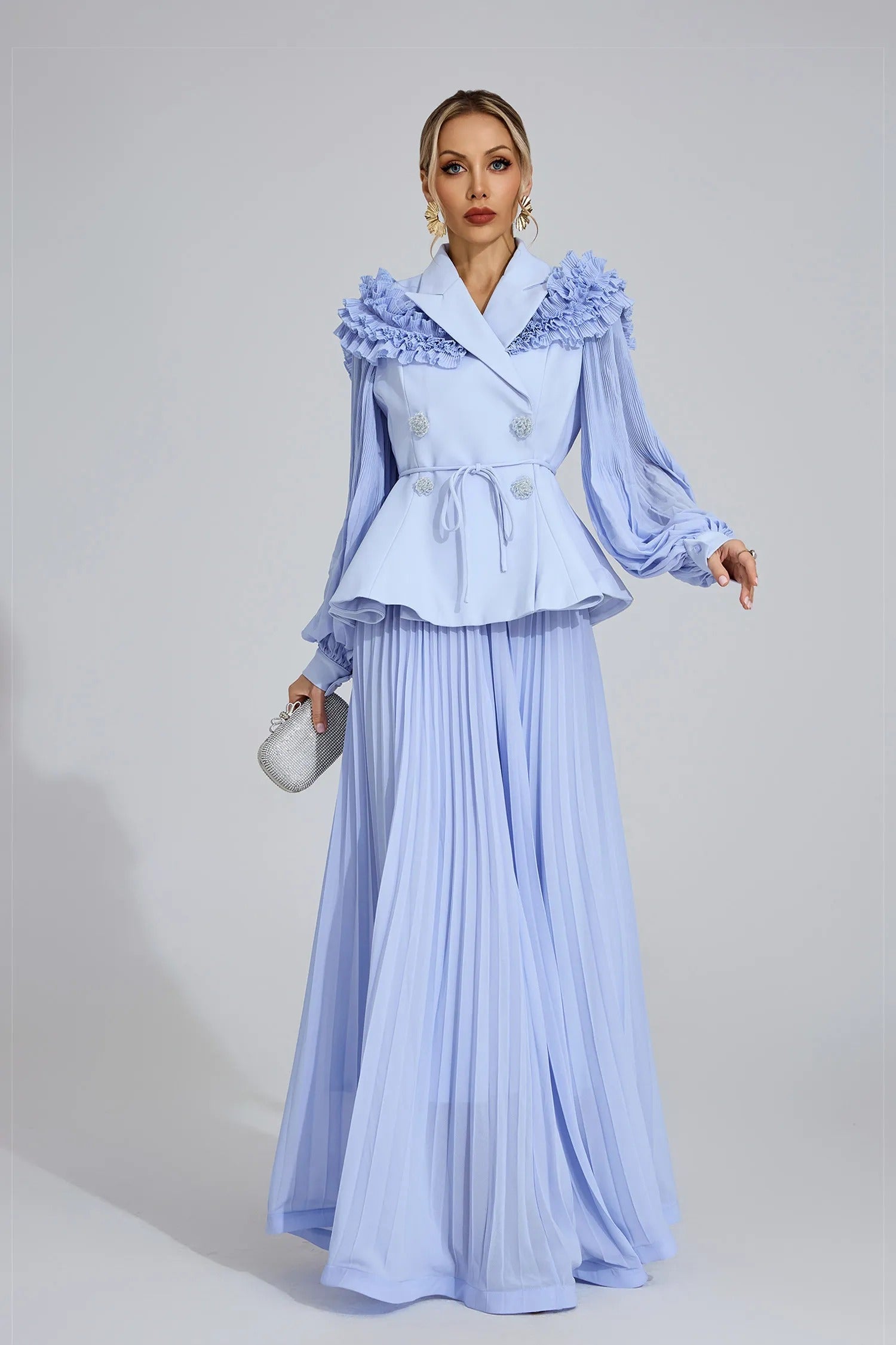 JOSEPHINE LIGHT BLUE FLOUNCE SKIRT BLAZER SET
