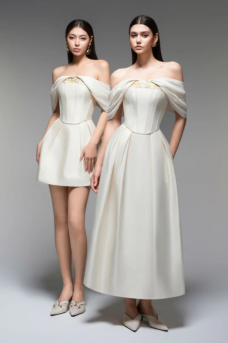 EMBROIDERED A-LINE OFF-SHOULDER BEIGE MINI DRESS