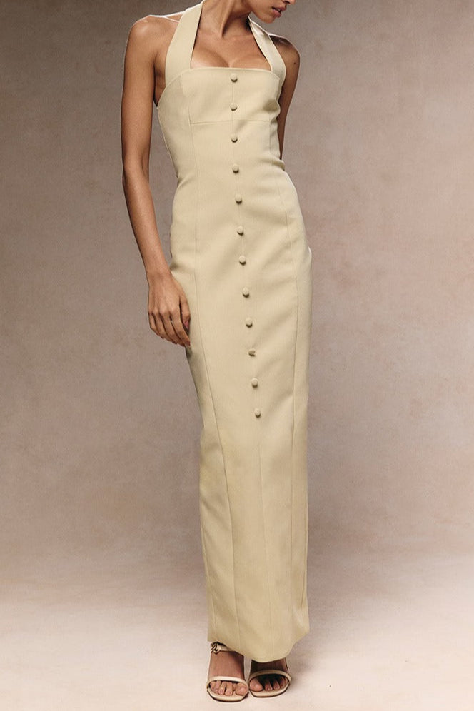 ALMOND WOVEN HALTER MAXI DRESS FOR SUMMER