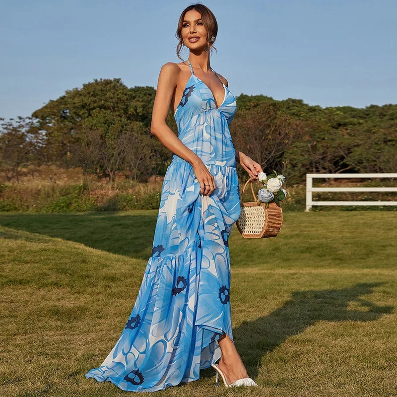 BLUE FLORAL HALTER TIERED MAXI DRESS