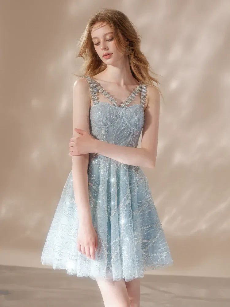 RHINESTONE STRAP HEM BLUE COCKTAIL DRESS